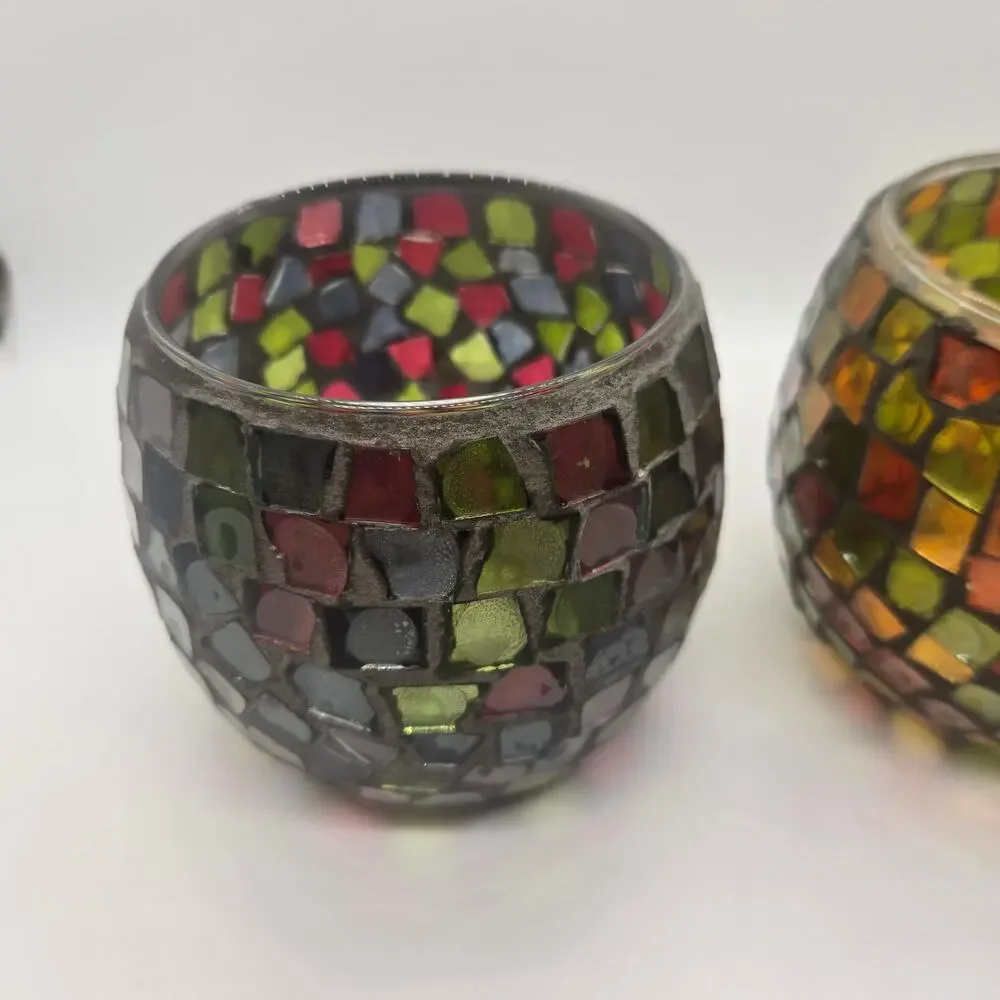 Set of 2 Multicolor Glass Votive Candle Holders Mosaic Round Colorful Boho Decor